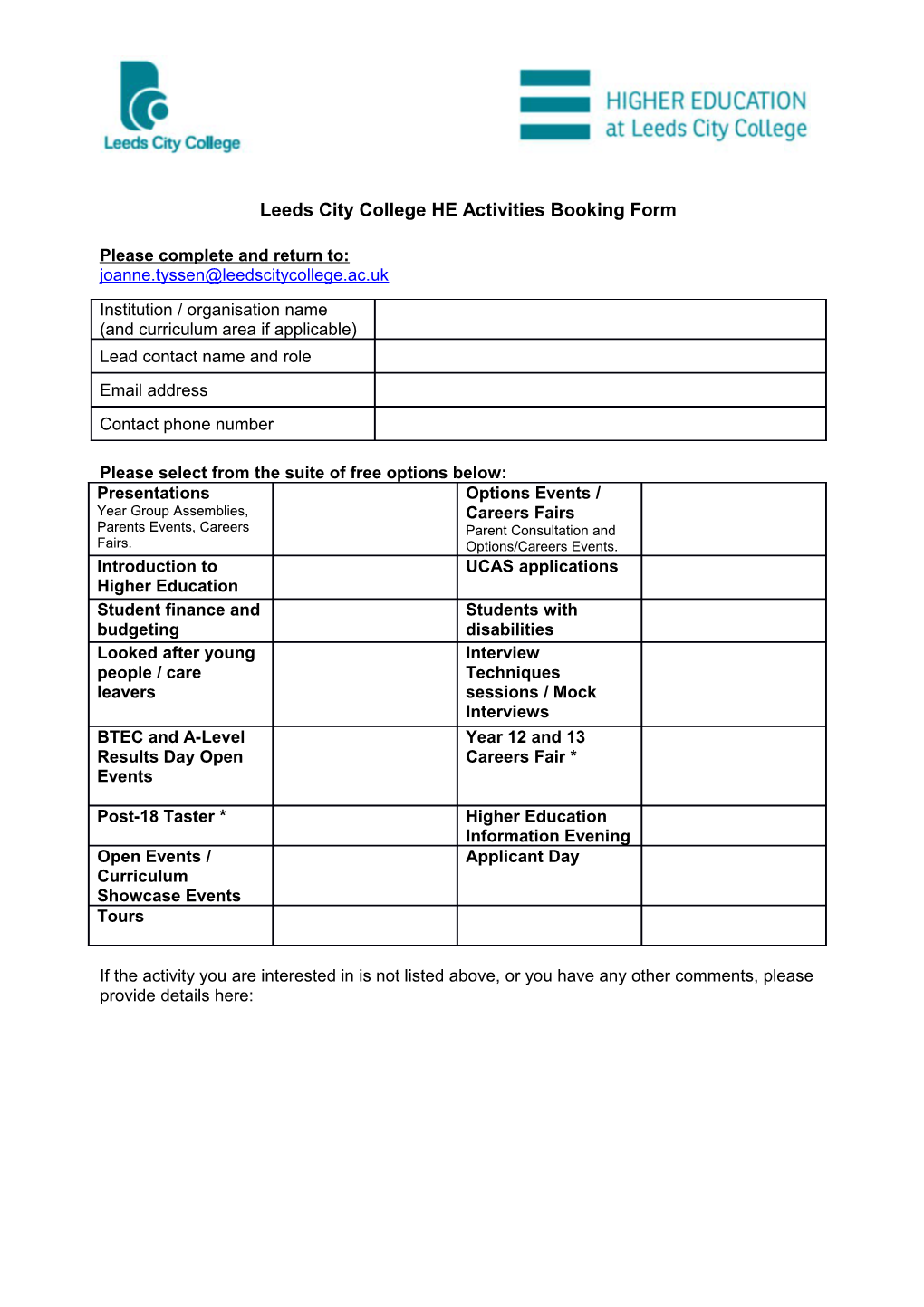 Leeds City College HE Activitiesbooking Form