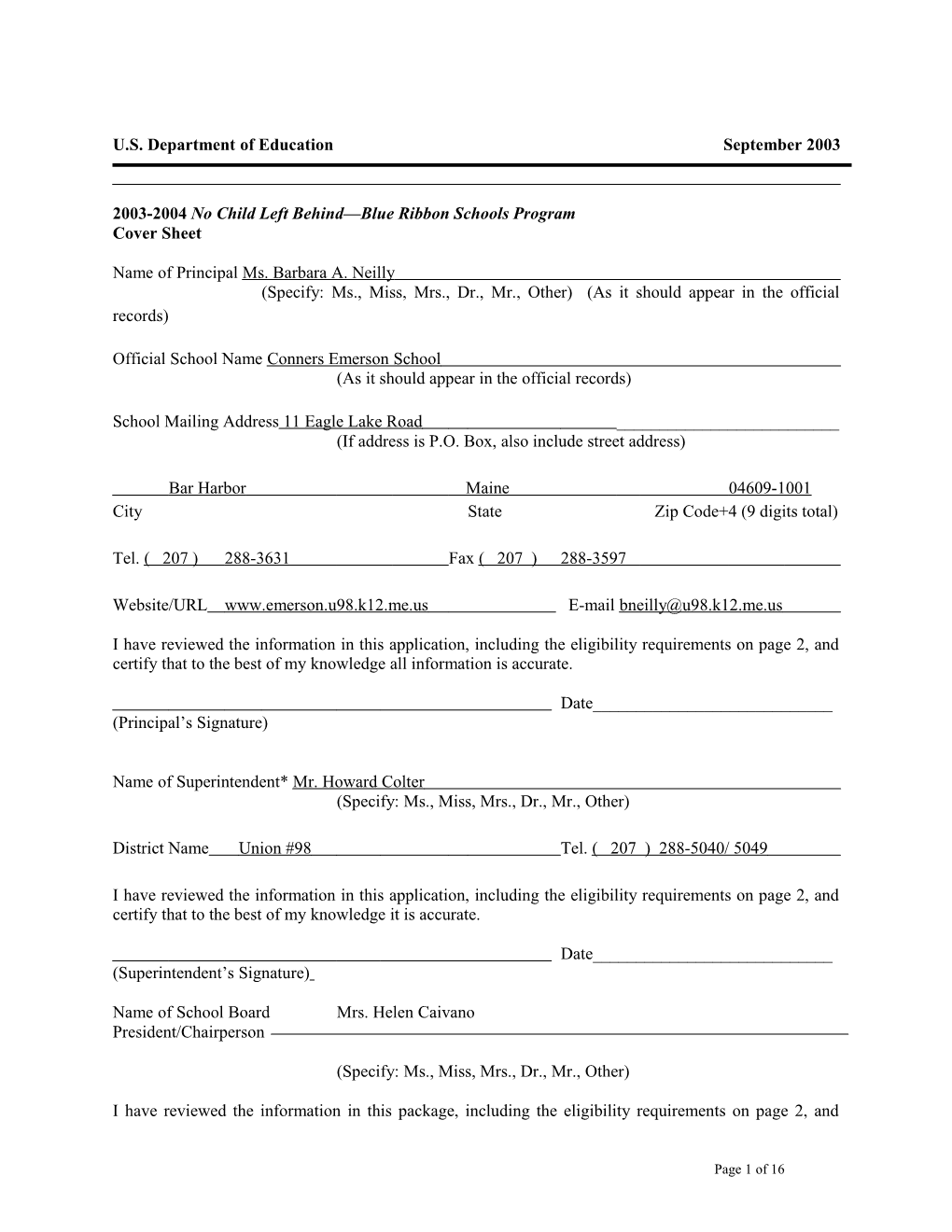 Conners Emerson School 2004 No Child Left Behind-Blue Ribbon School Application (Msword)
