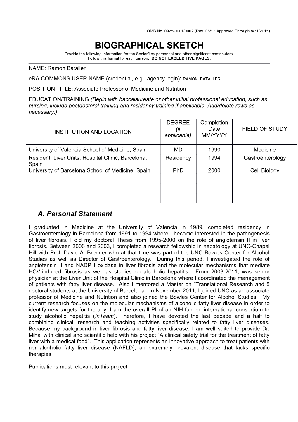 OMB No. 0925-0046, Biographical Sketch Format Page s1