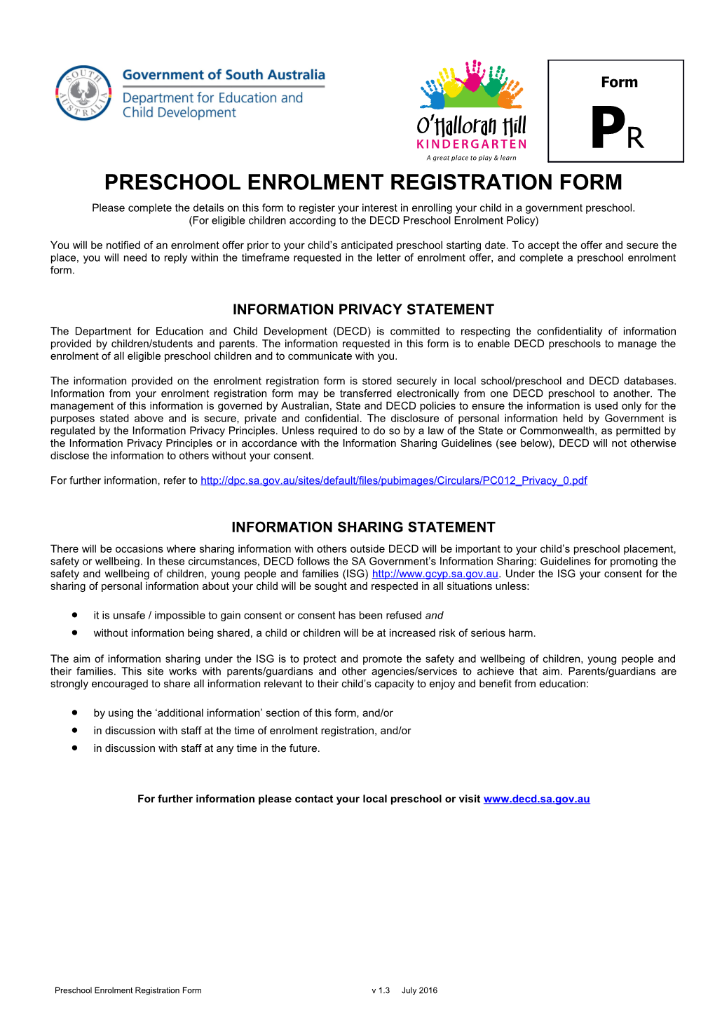 Preschool Enrolment Registration Form- Form PR