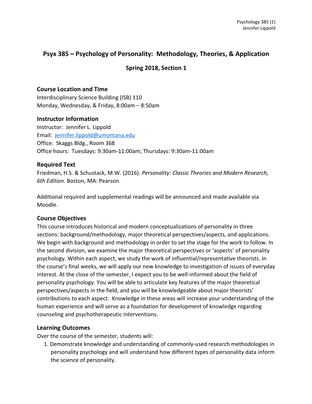 Psyx 385 Psychology of Personality: Methodology, Theories, & Application