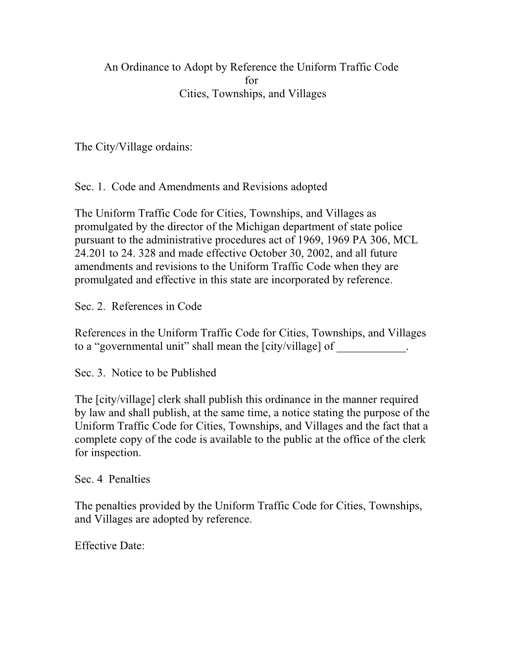 An Ordinance to Adopt by Reference the Uniform Traffic Code