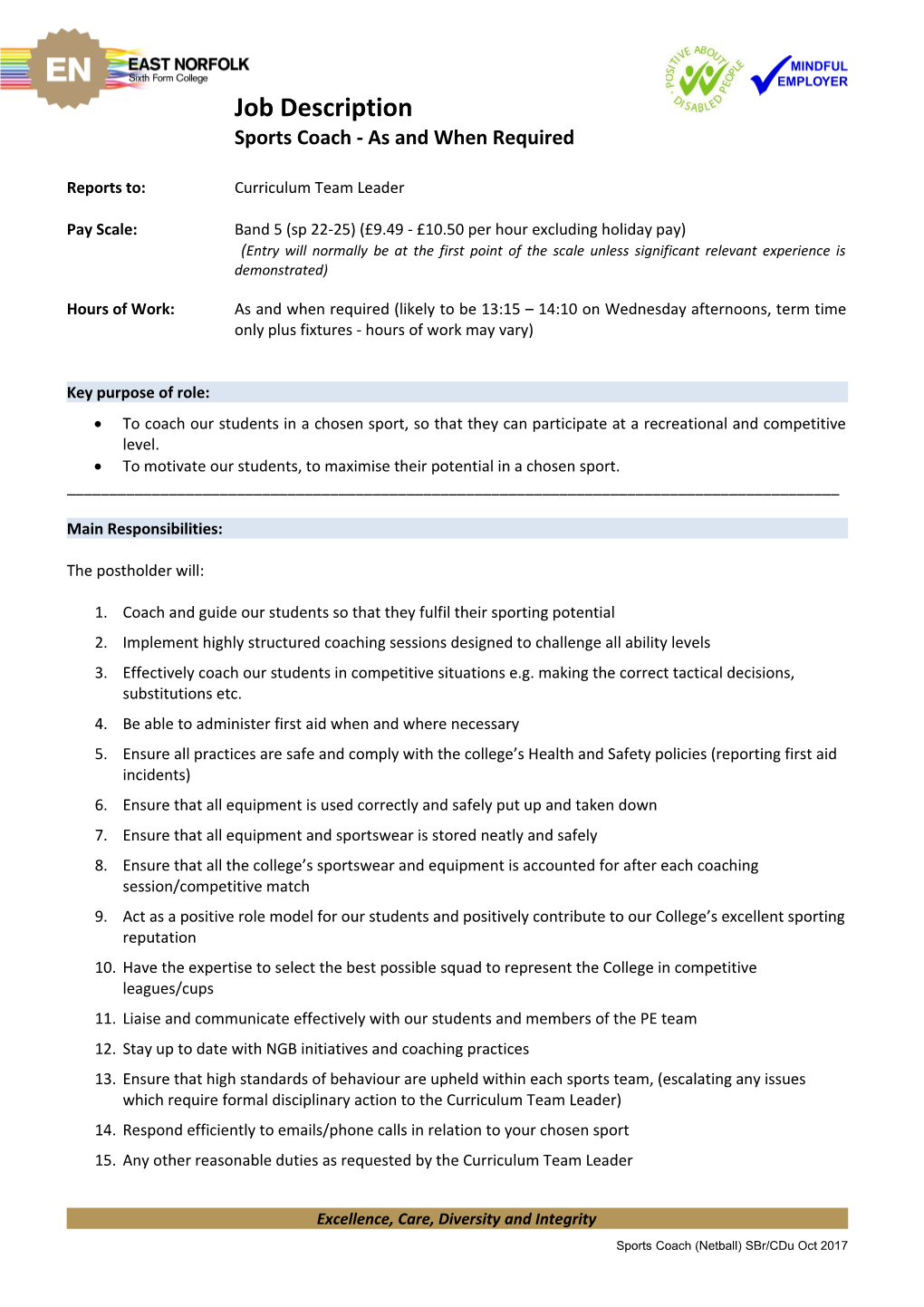Job Specification : College Assistant Caretaker s1