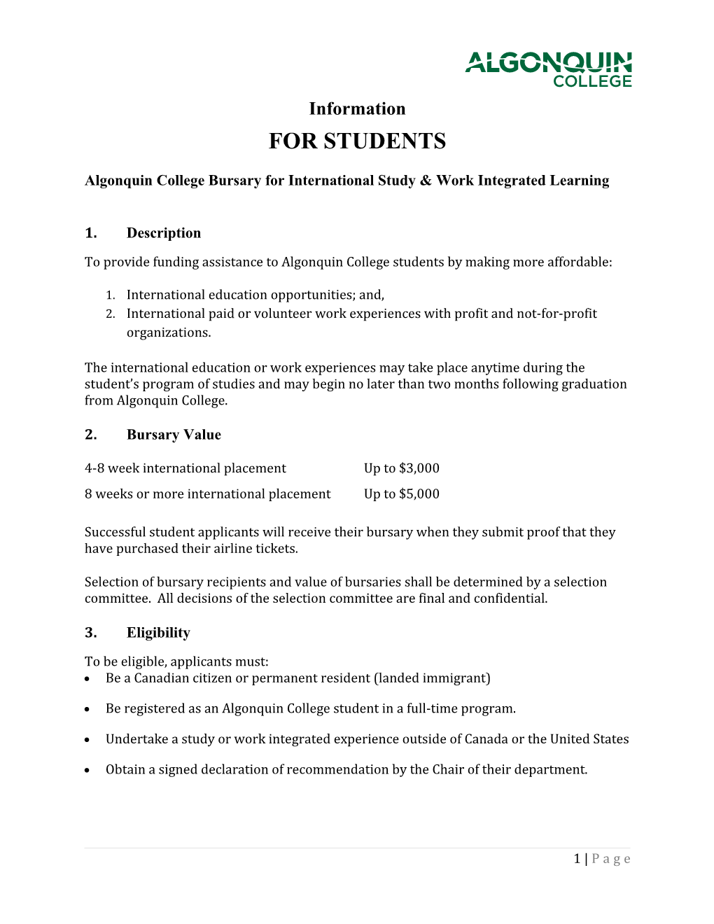 Algonquin College Bursary for International Study & Work Integrated Learning