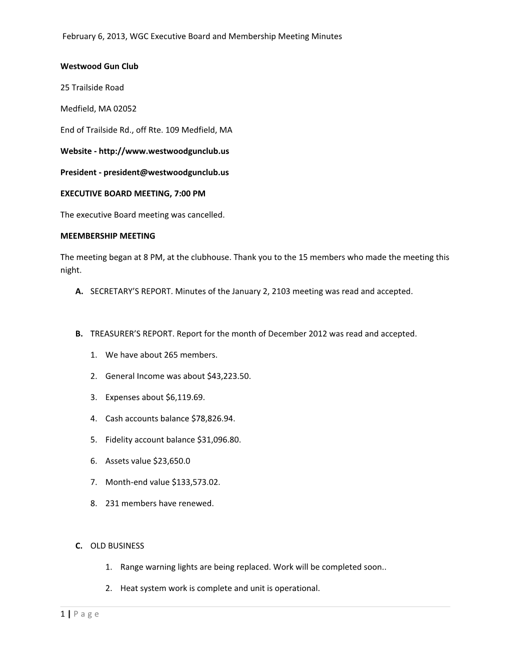February 6, 2013, WGC Executive Board and Membership Meeting Minutes