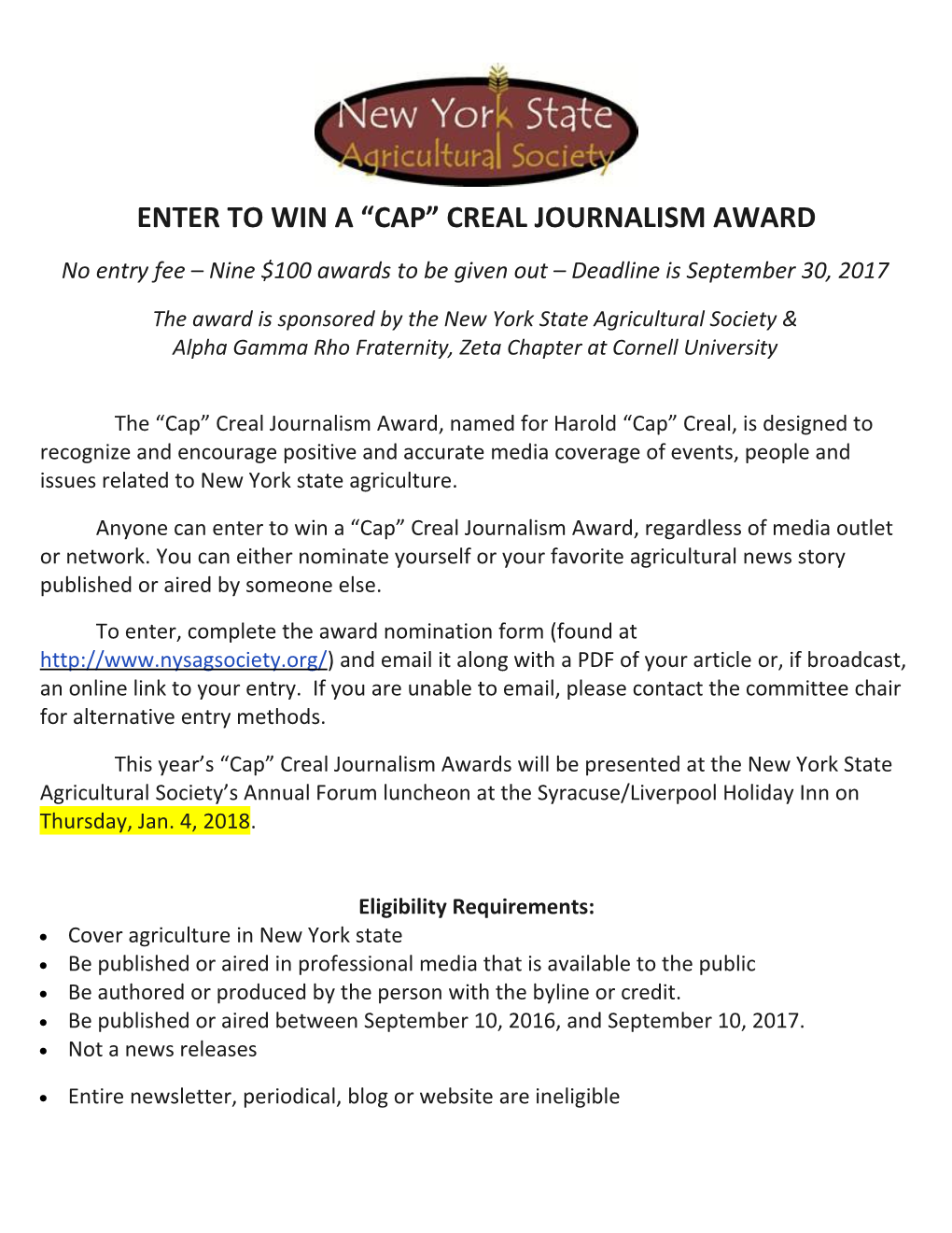 Enter to Win a Cap Creal Journalism Award