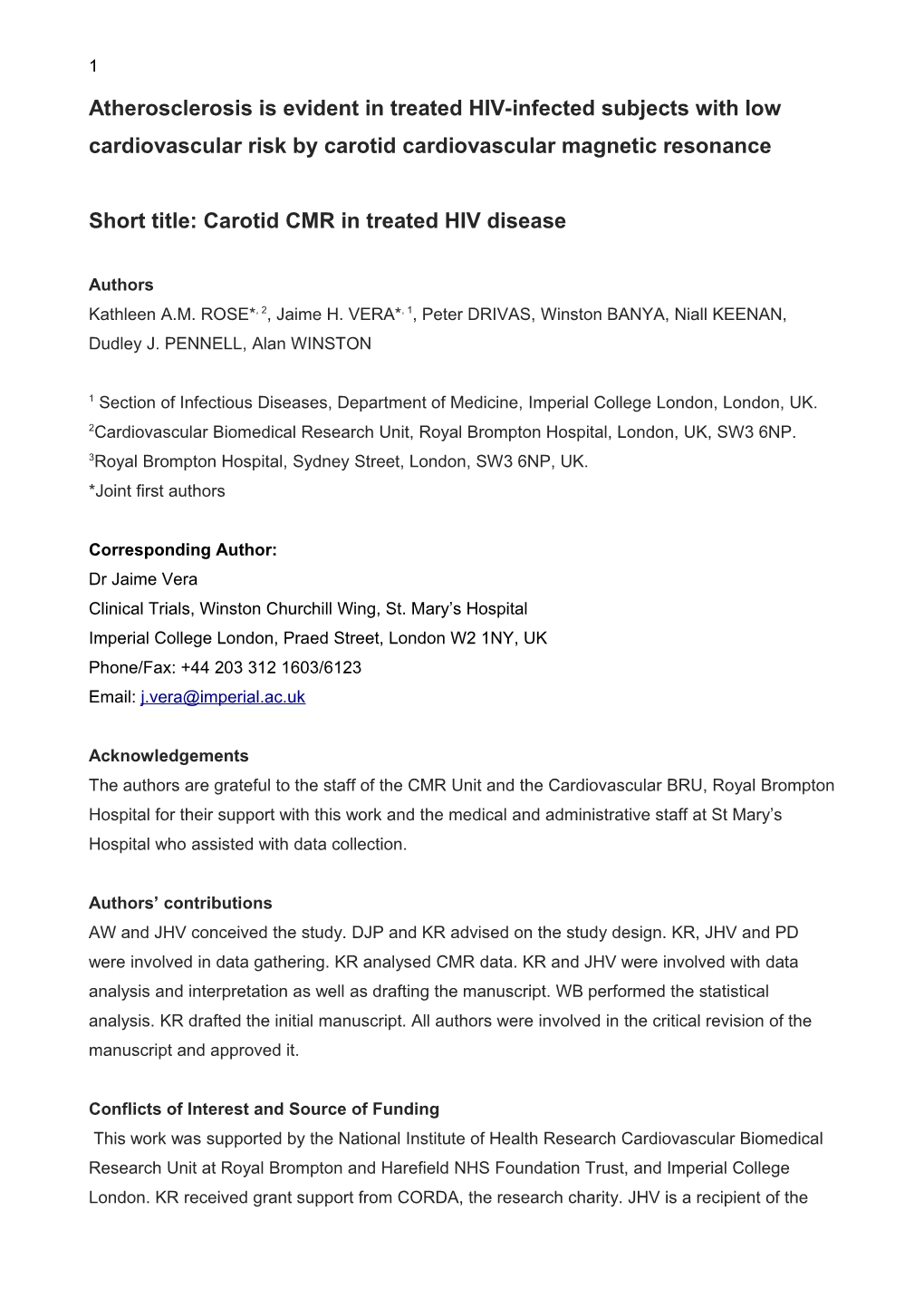 Short Title: Carotid CMR in Treated HIV Disease