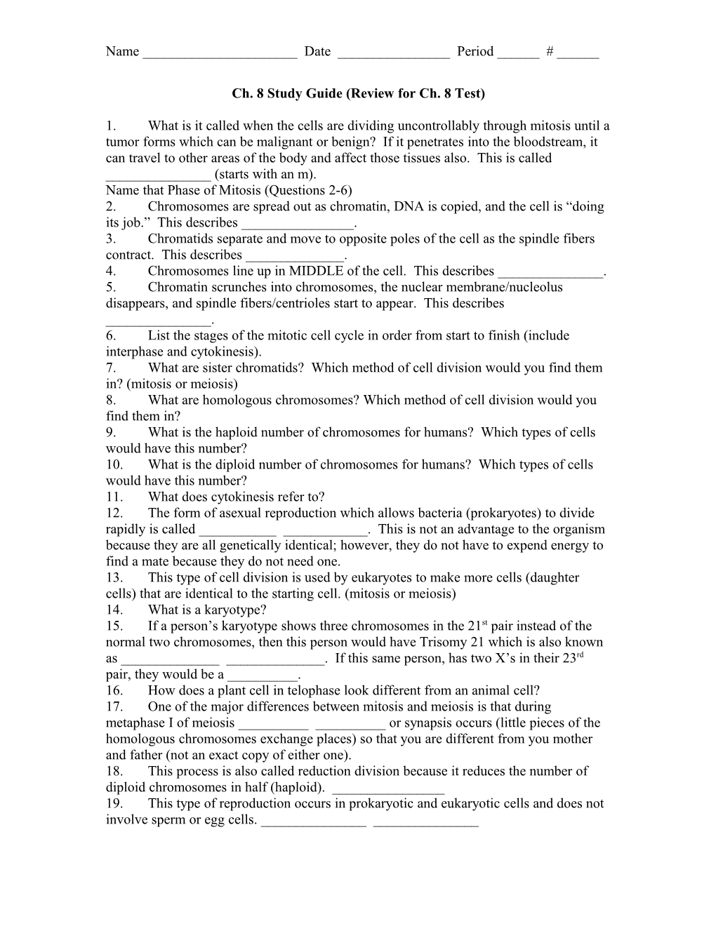 Ch. 8 Study Guide (Review for Ch. 8 Test)