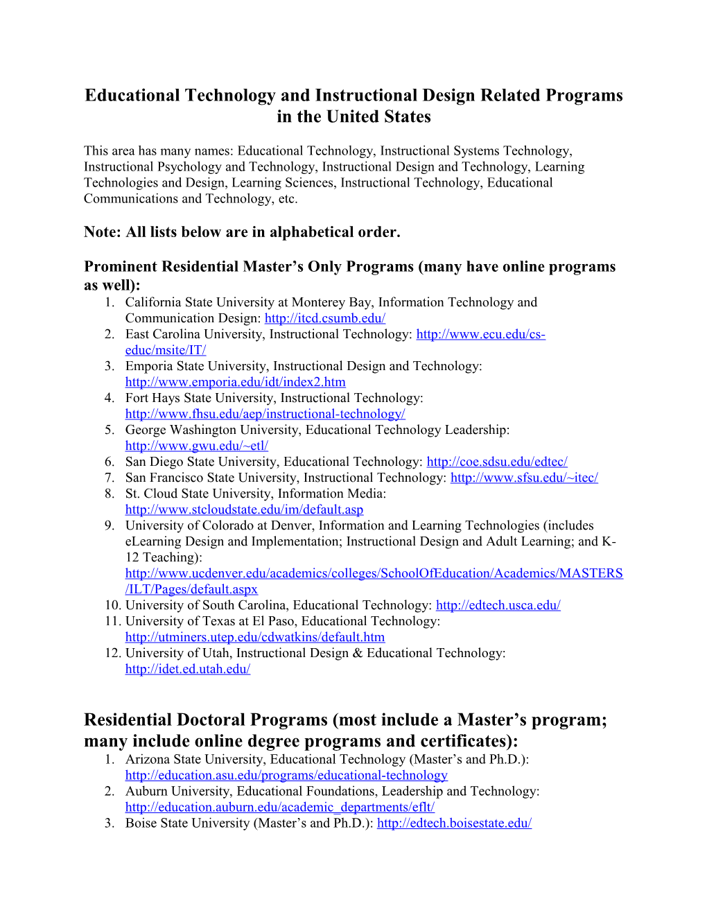 Educational Technology and Instructional Design Related Programs in the United States