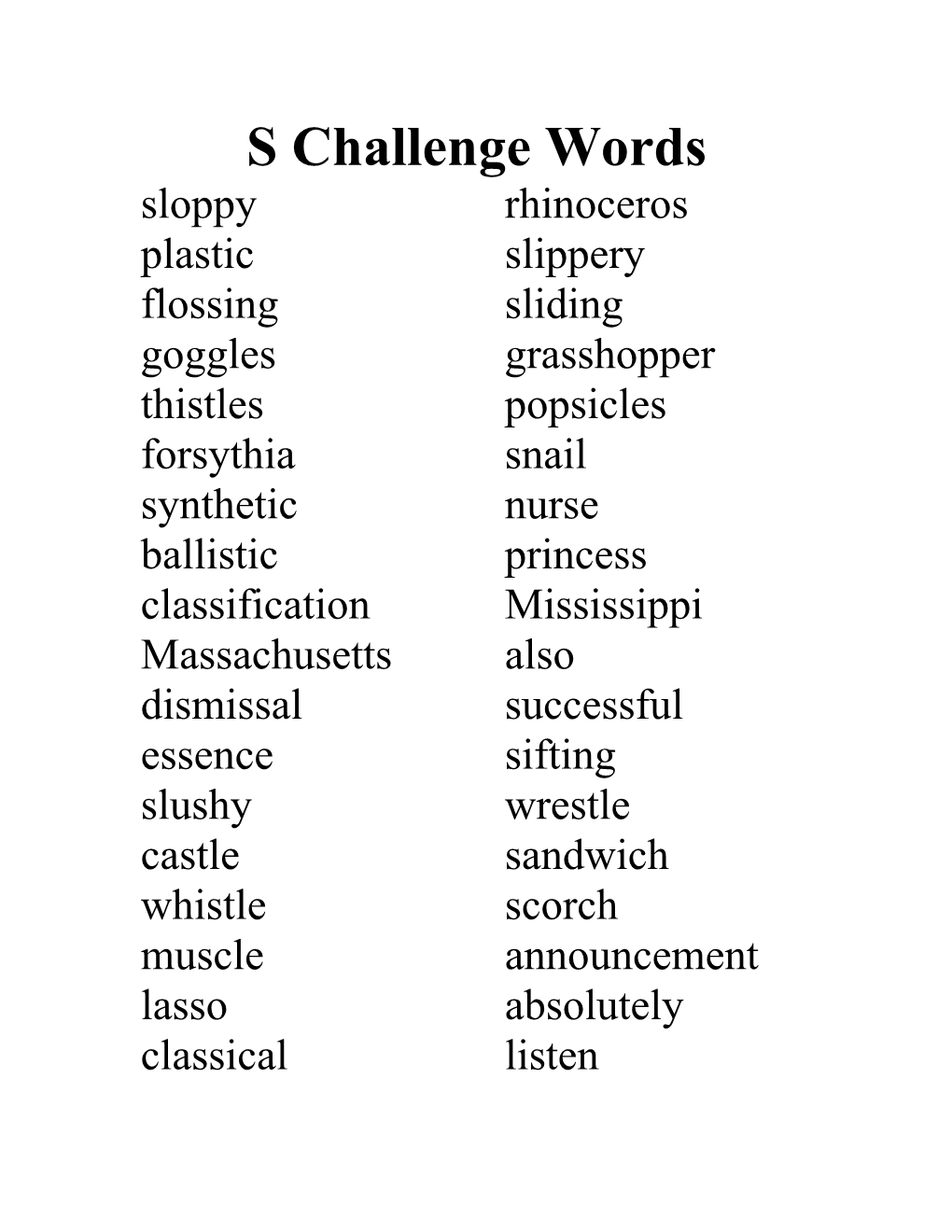 S Challenge Words