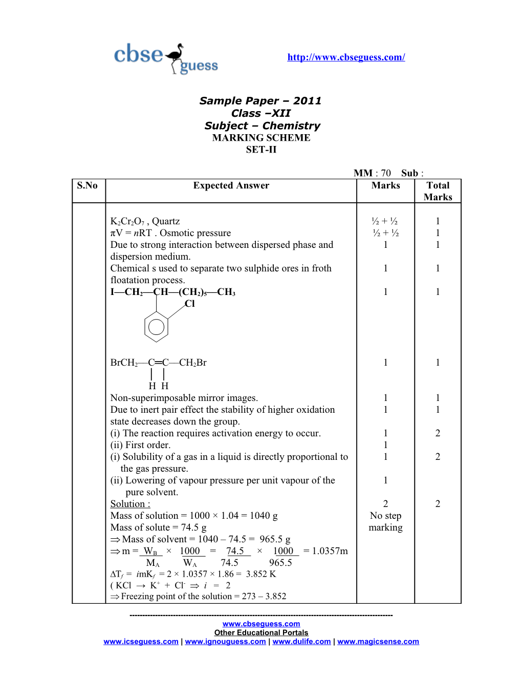 Sample Paper 2011 Class XII Subject Chemistry s1