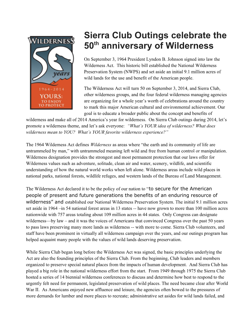 Sierra Club Outings Celebrate the 50Th Anniversary of Wilderness