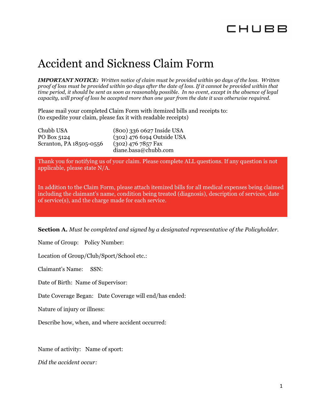 Accident and Sickness Claim Form