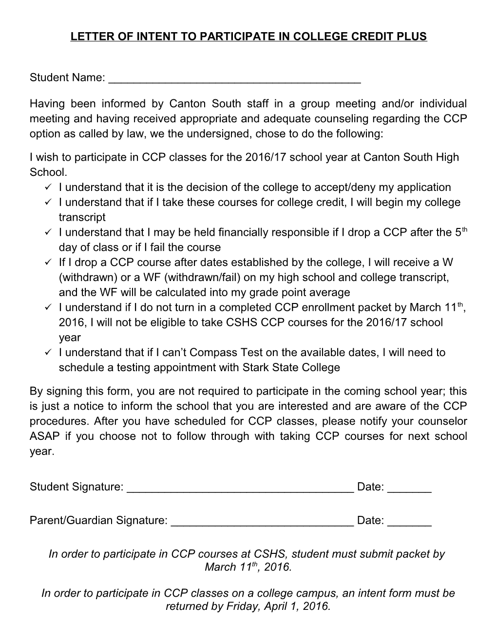 Letter of Intent to Participate in College Credit Plus