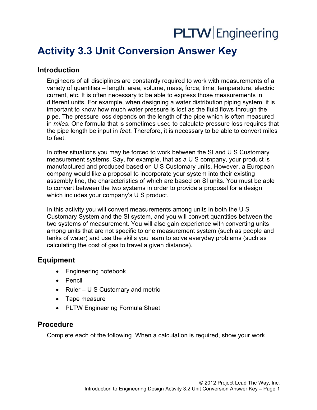 Activity 3.2 Unit Conversion Answer Key