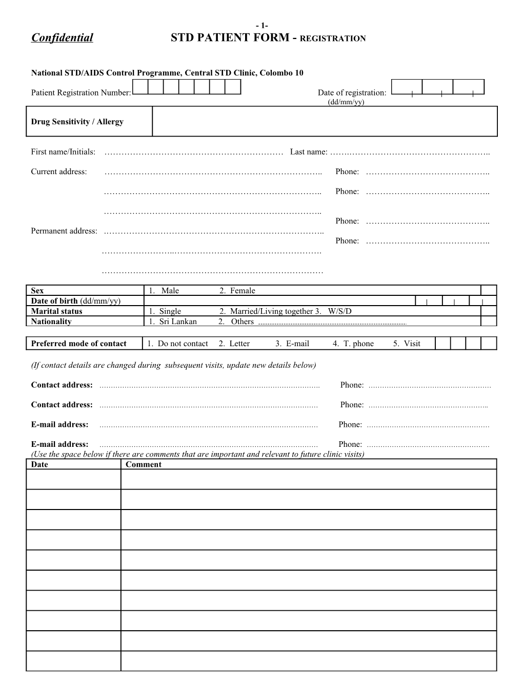 Confidential STD PATIENT FORM - REGISTRATION
