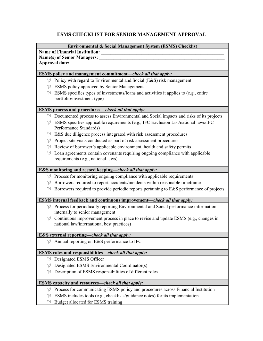 ESMS Checklist for Senior Management Approval