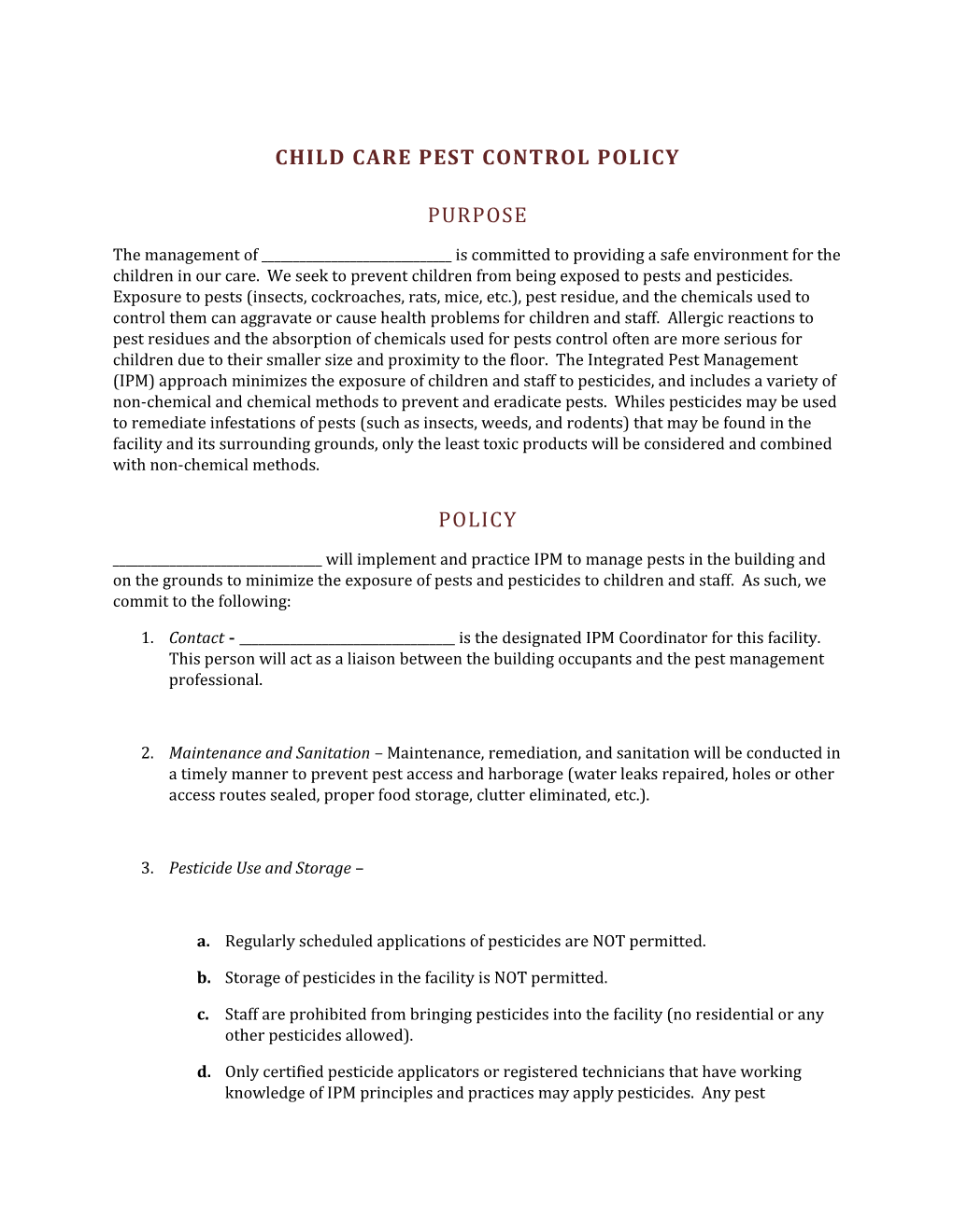 Sample Child Care Pest Control Policy