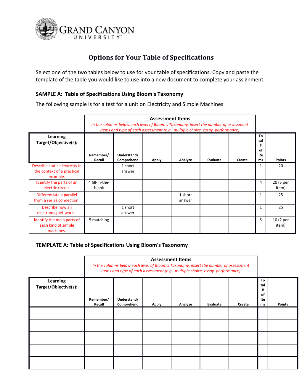 Options for Your Table of Specifications