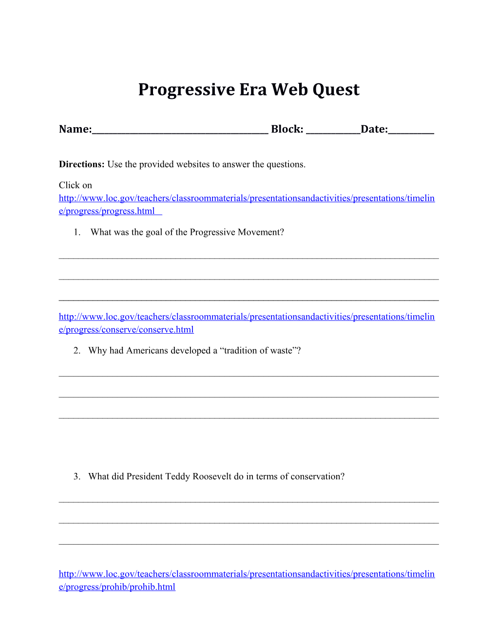 Progressive Era Web Quest