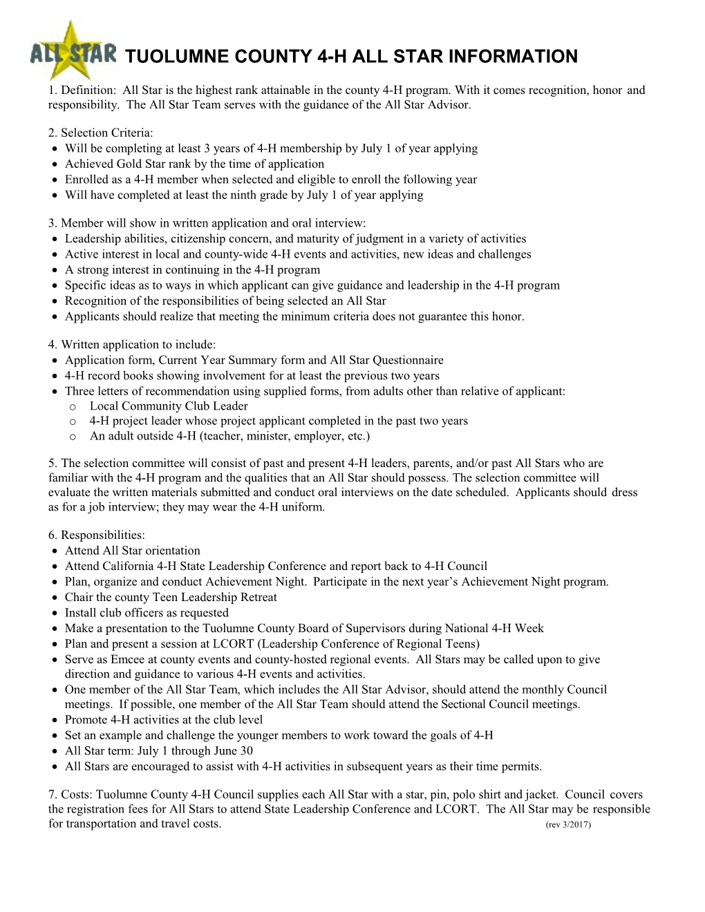 Tuolumne County 4-H All Star Application