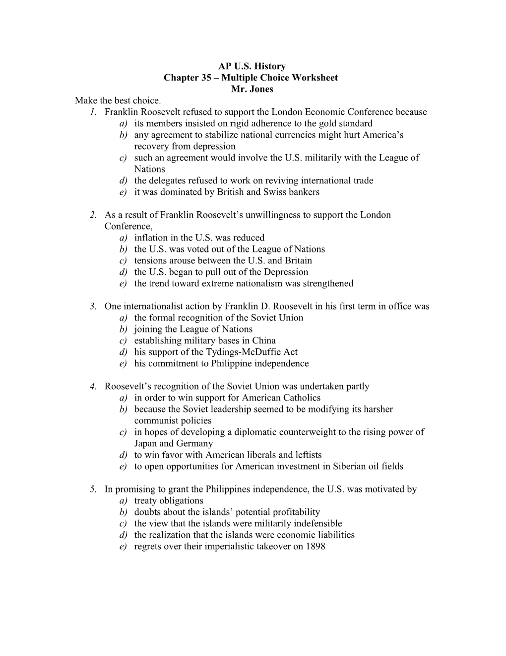 Chapter 35 Multiple Choice Worksheet