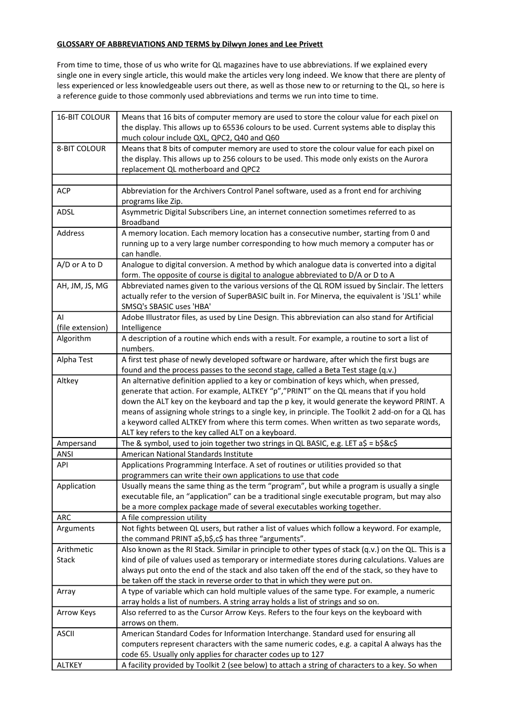 GLOSSARY of ABBREVIATIONS and TERMS by Dilwyn Jones and Lee Privett