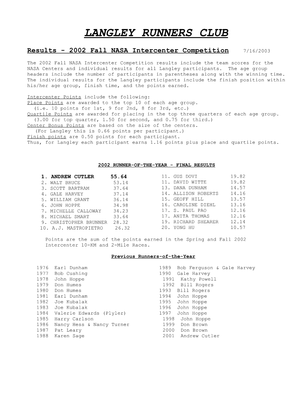 1998 Fall NASA Intercenter Results