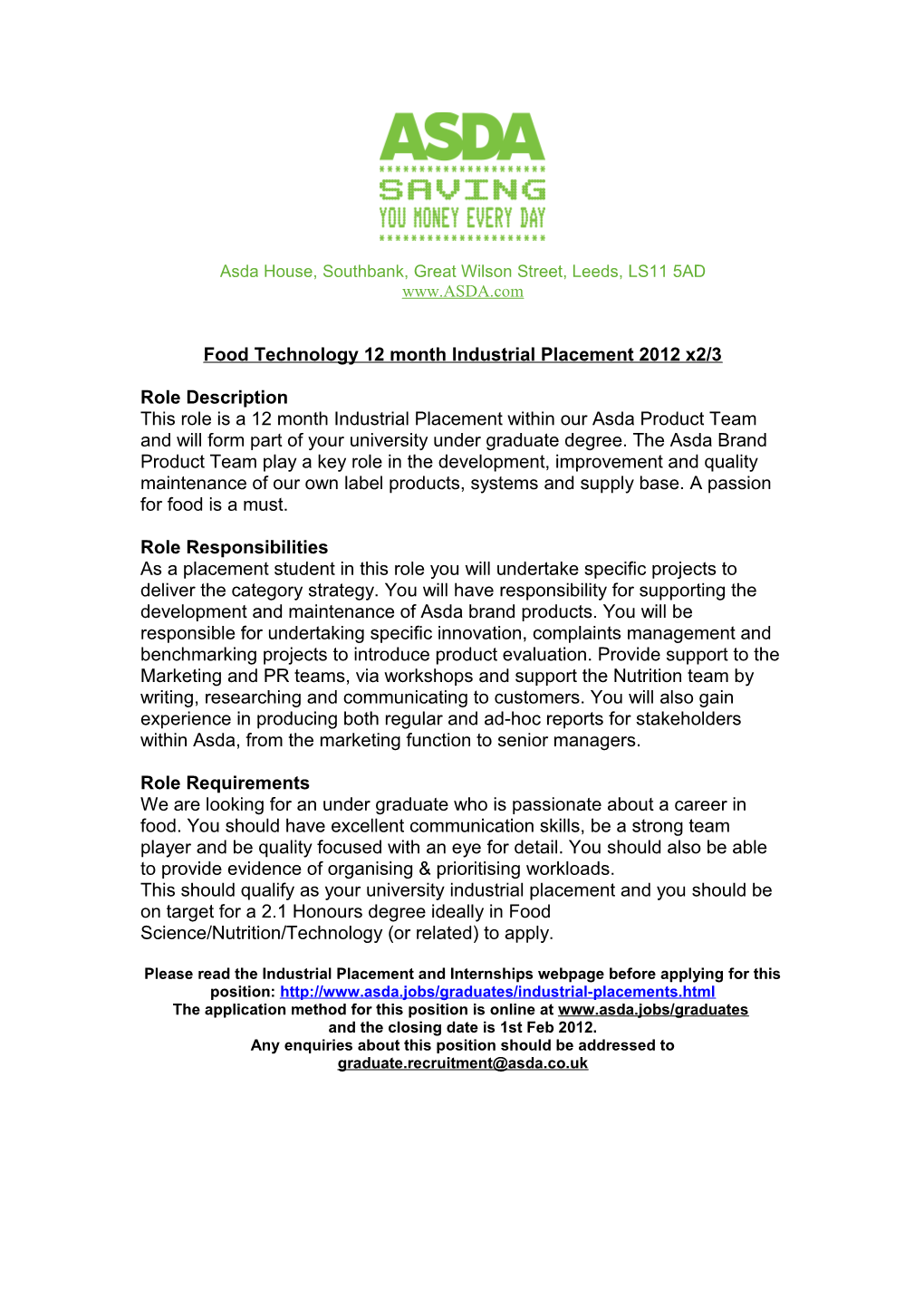 Food Technology 12 Month Industrial Placement 2012
