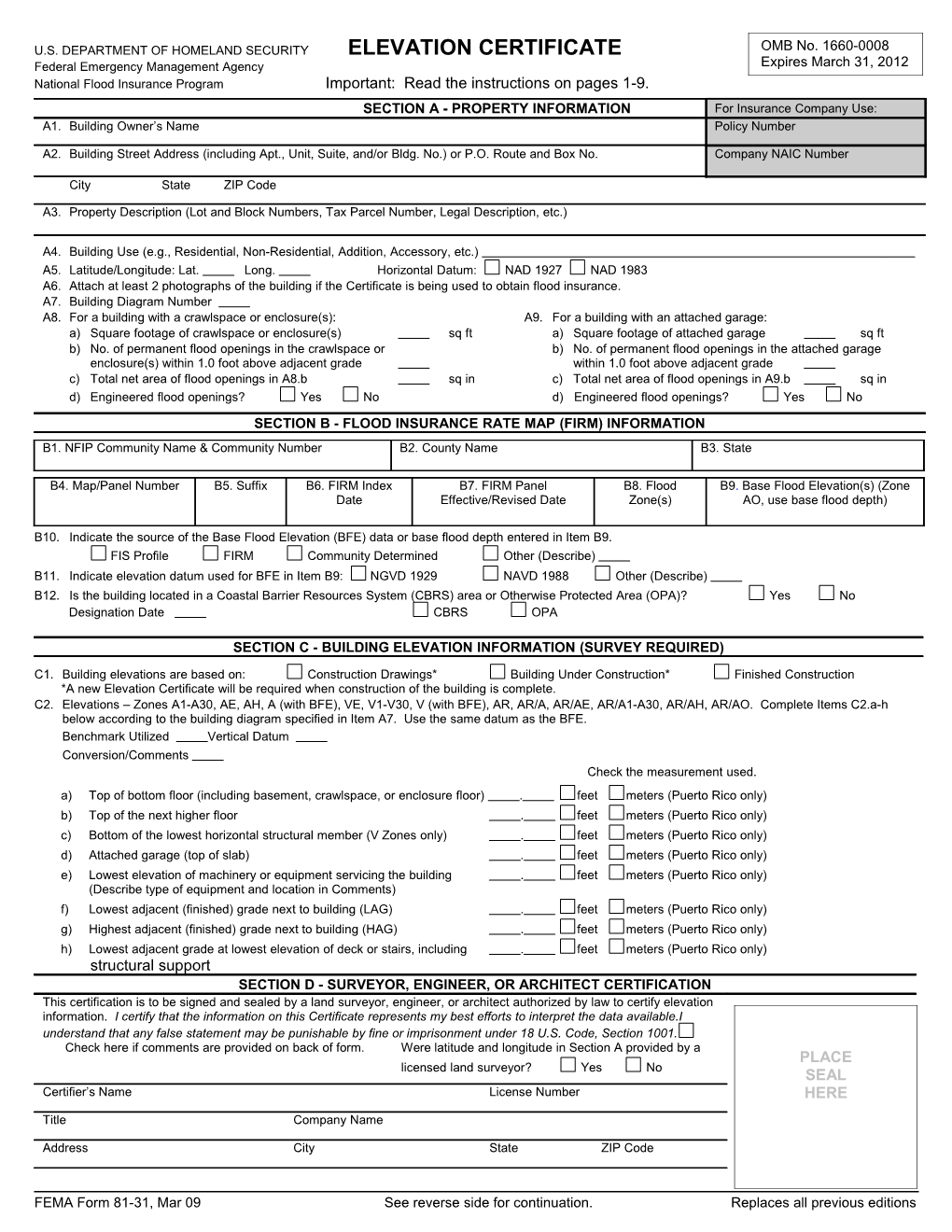 U.S. Department of Homeland Security Elevation Certificate