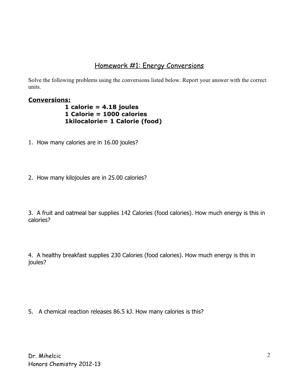 Homework #1: Energy Conversions