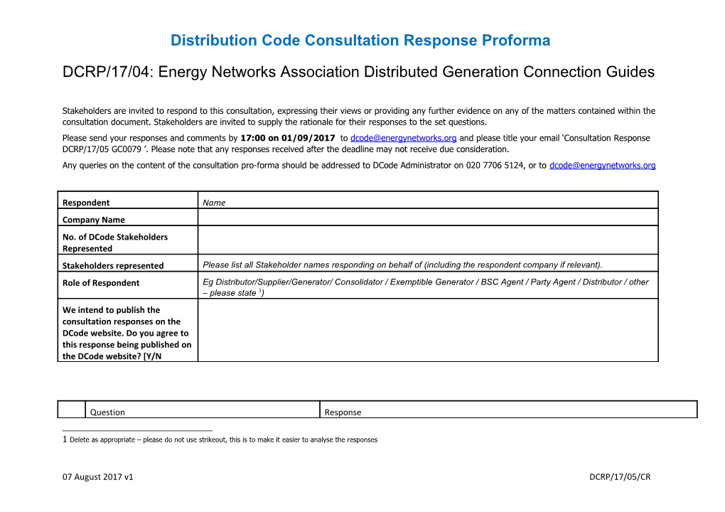 Distribution Code Consultation Response Proforma