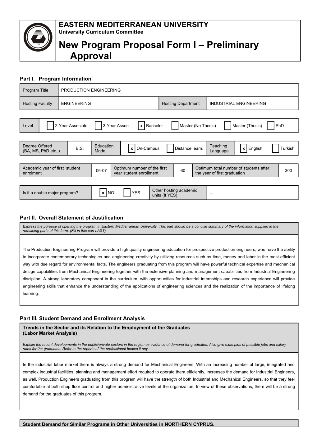 New Program Proposal Form I Preliminary Approval