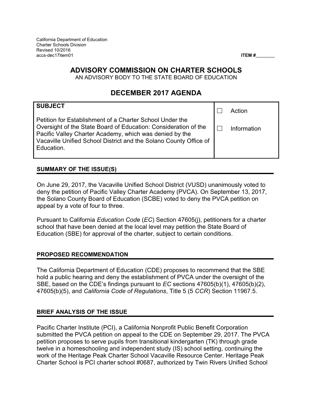 December 2017 ACCS Agenda Item 01 - Advisory Commission on Charter Schools (CA State Board