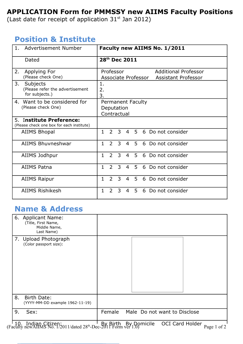 APPLICATION Form for PMMSSY New AIIMS Faculty Positions