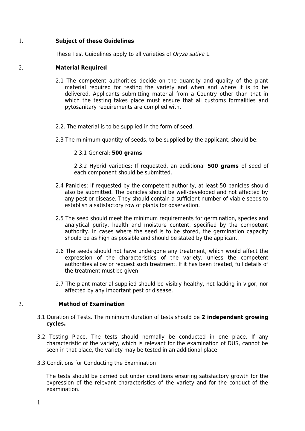 These Test Guidelines Apply to All Varieties of Oryza Sativa L