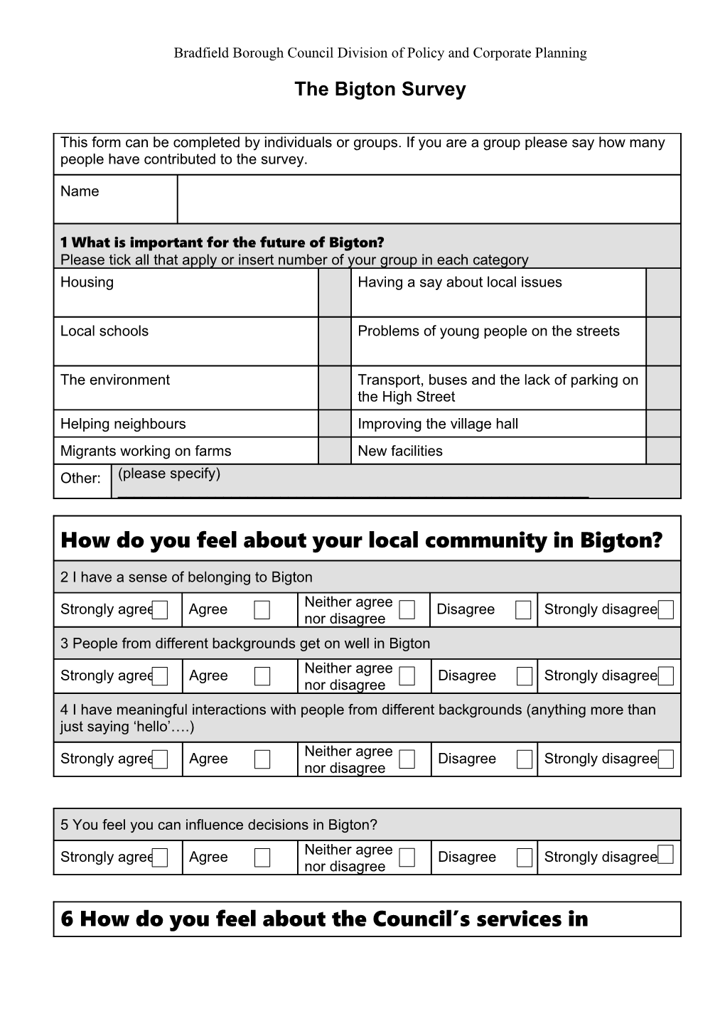 Bradfield Borough Council Division of Policy and Corporate Planning