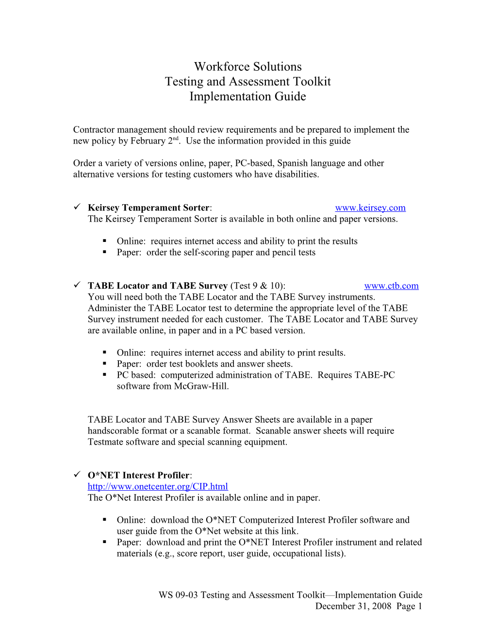 Testing and Assessment Toolkit Implementation Guide