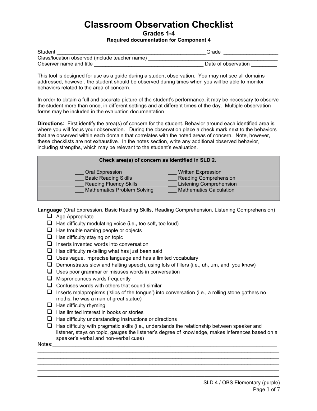 Classroom Observation Checklist Grades 1-4 (SLD4-OBS Elementary)