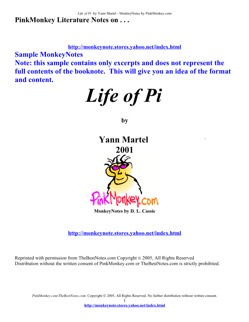 Life of Pi by Yann Martel - Monkeynotes by Pinkmonkey.Com