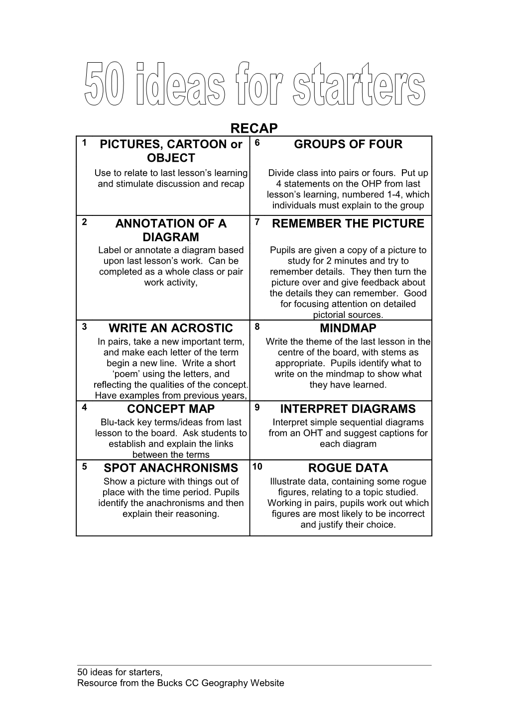 Bucks CC - KS3 Geography - 50 Ideas For Lesson Starters