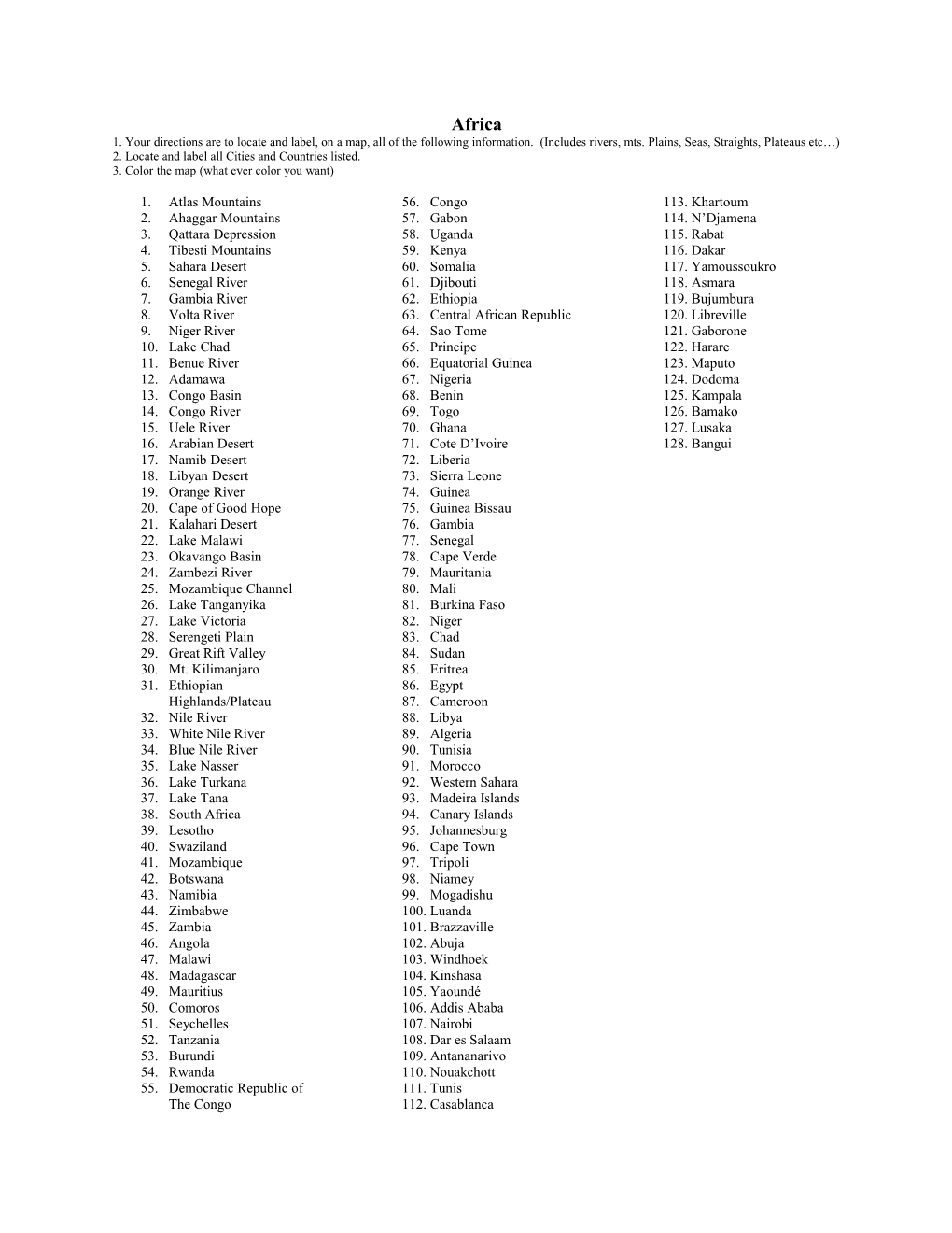 2. Locate and Label All Cities and Countries Listed