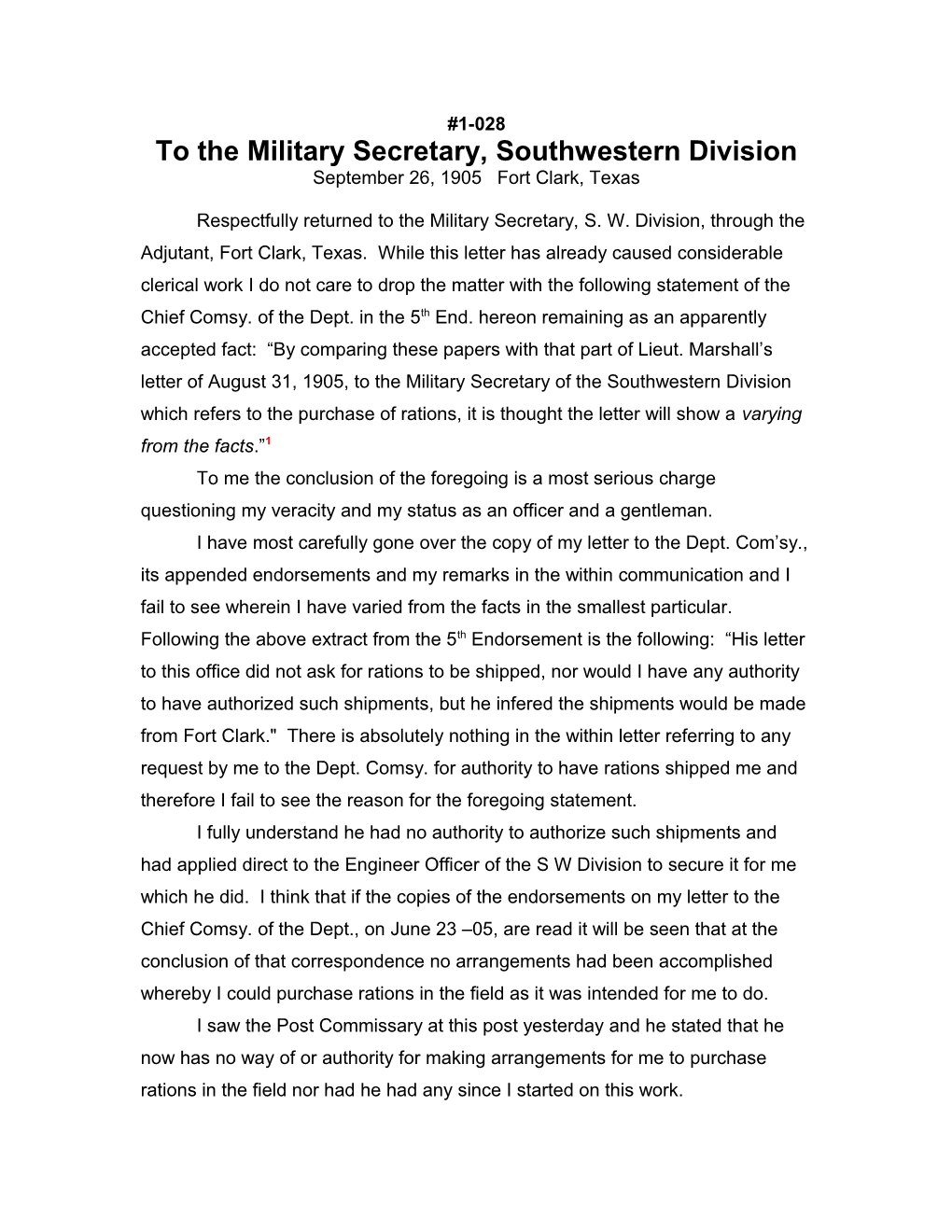 To the Military Secretary, Southwestern Division