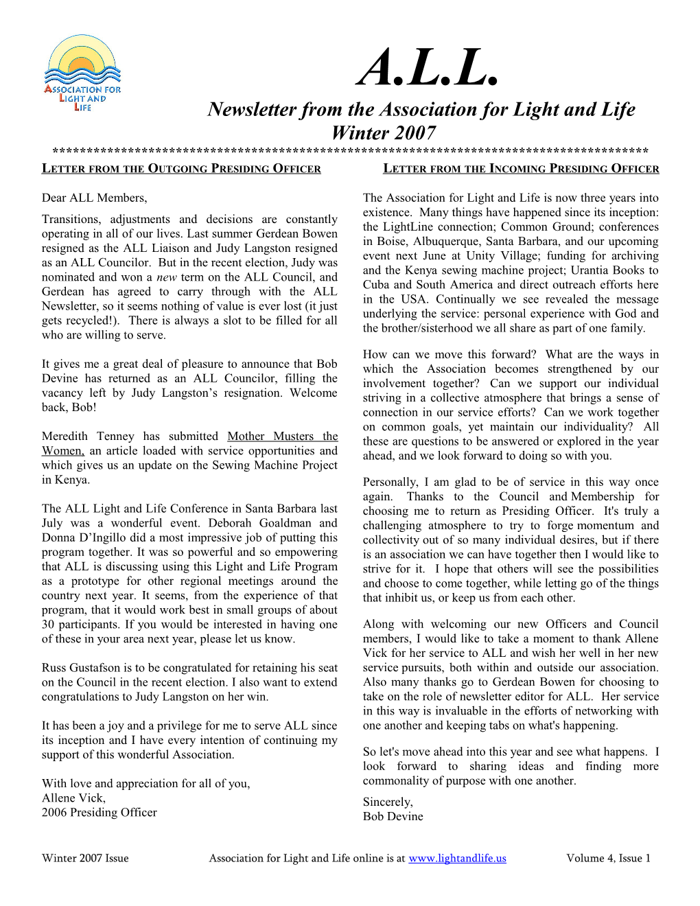 Newsletter from the Association for Light and Life