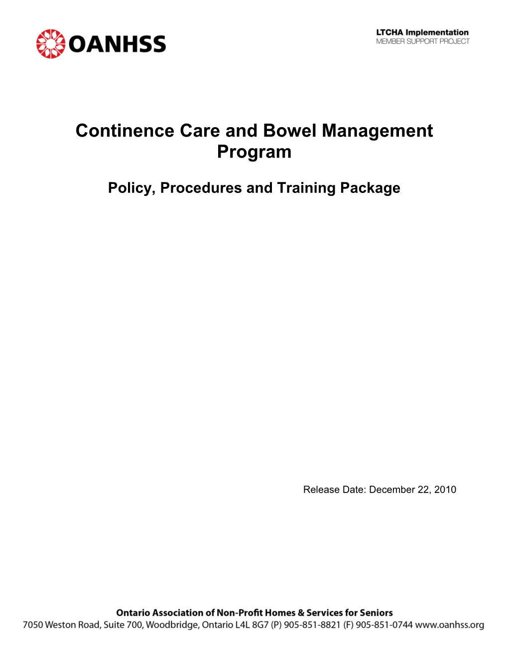 Continence Care and Bowel Management Program Policy, Procedures and Training Package