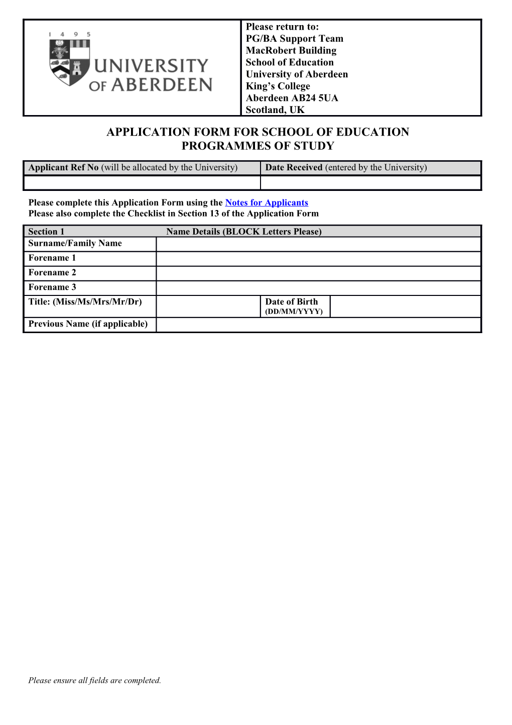Application Form for School of Education