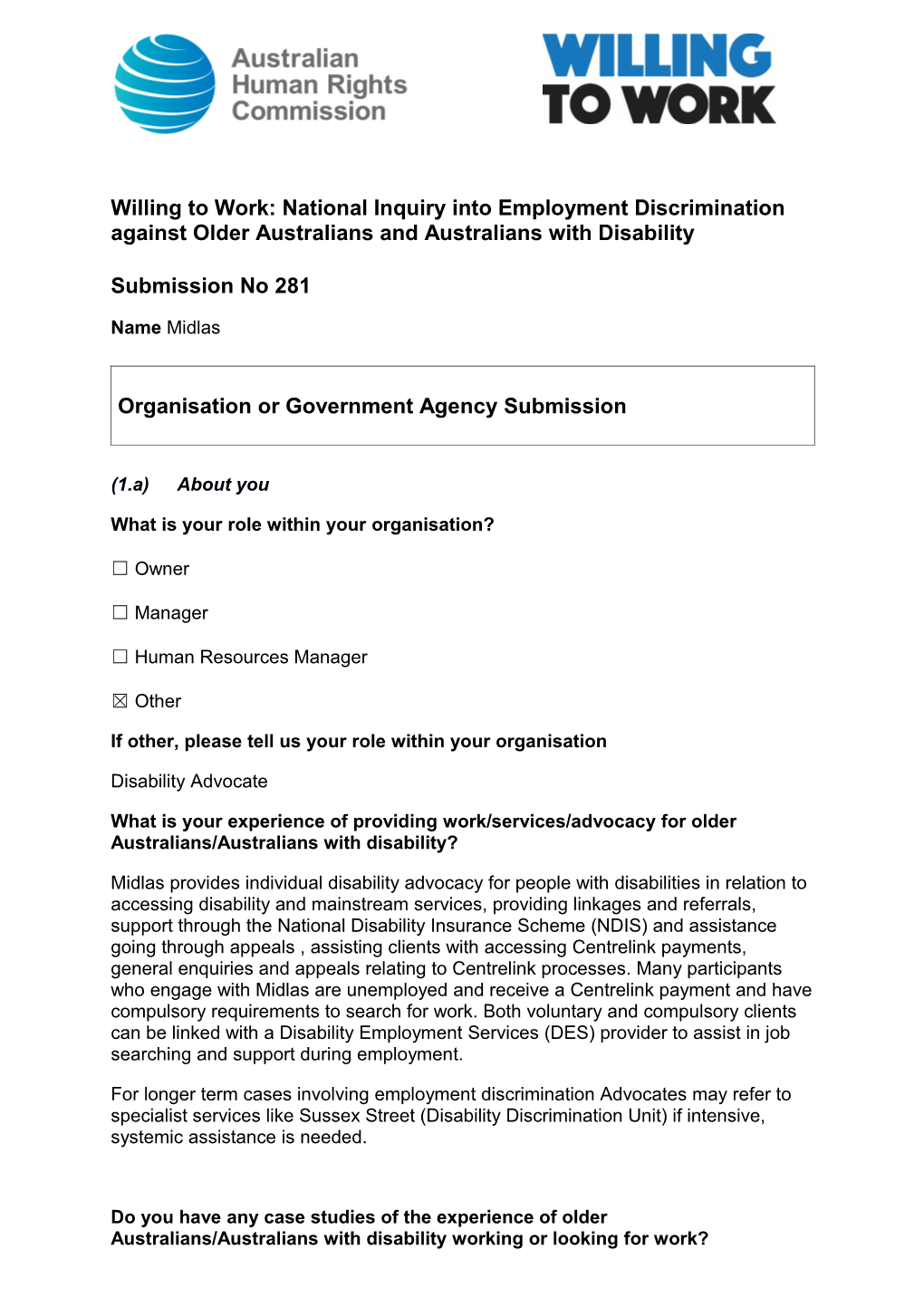 Organisation Or Government Agency Submission