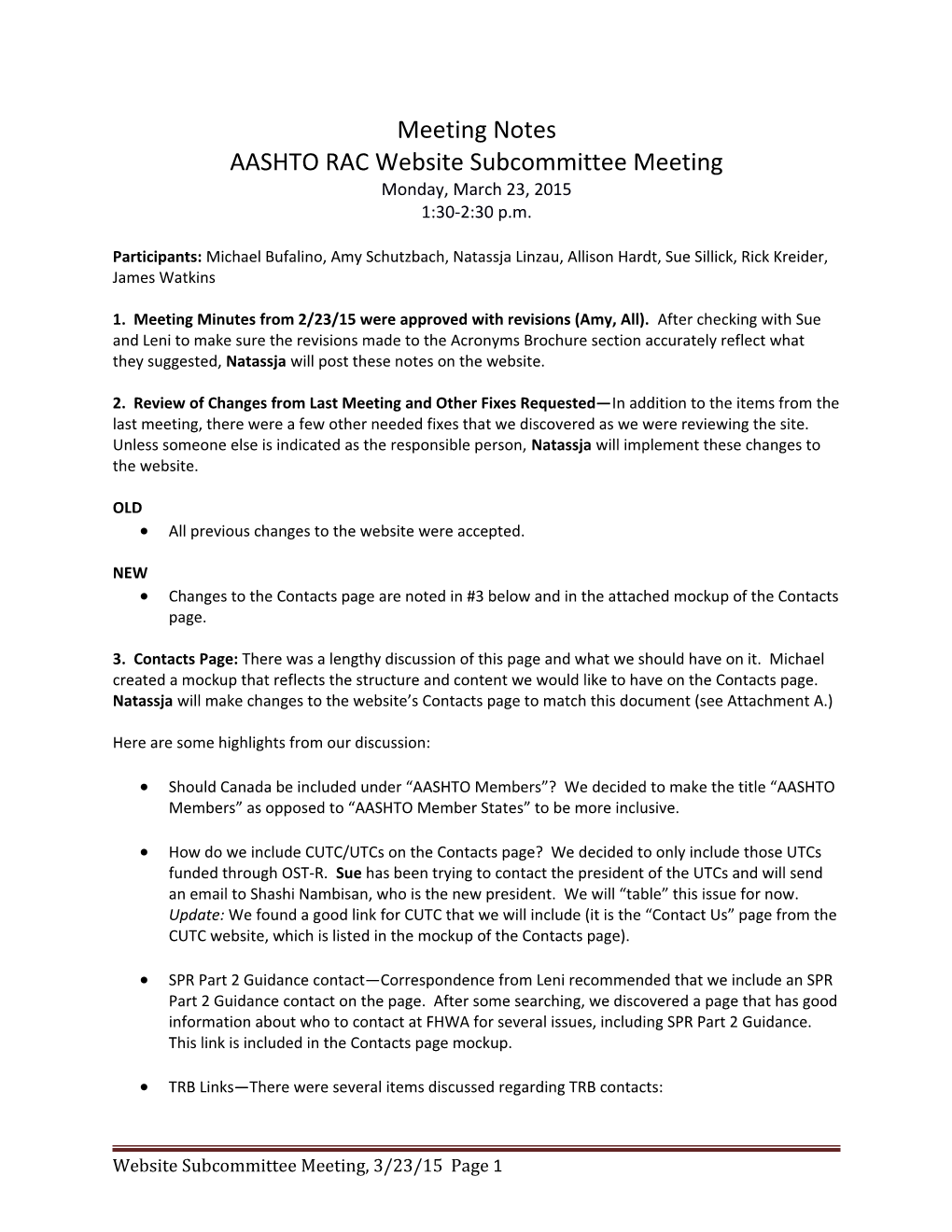 Website Subcommittee Meeting Notes: March 23, 2015
