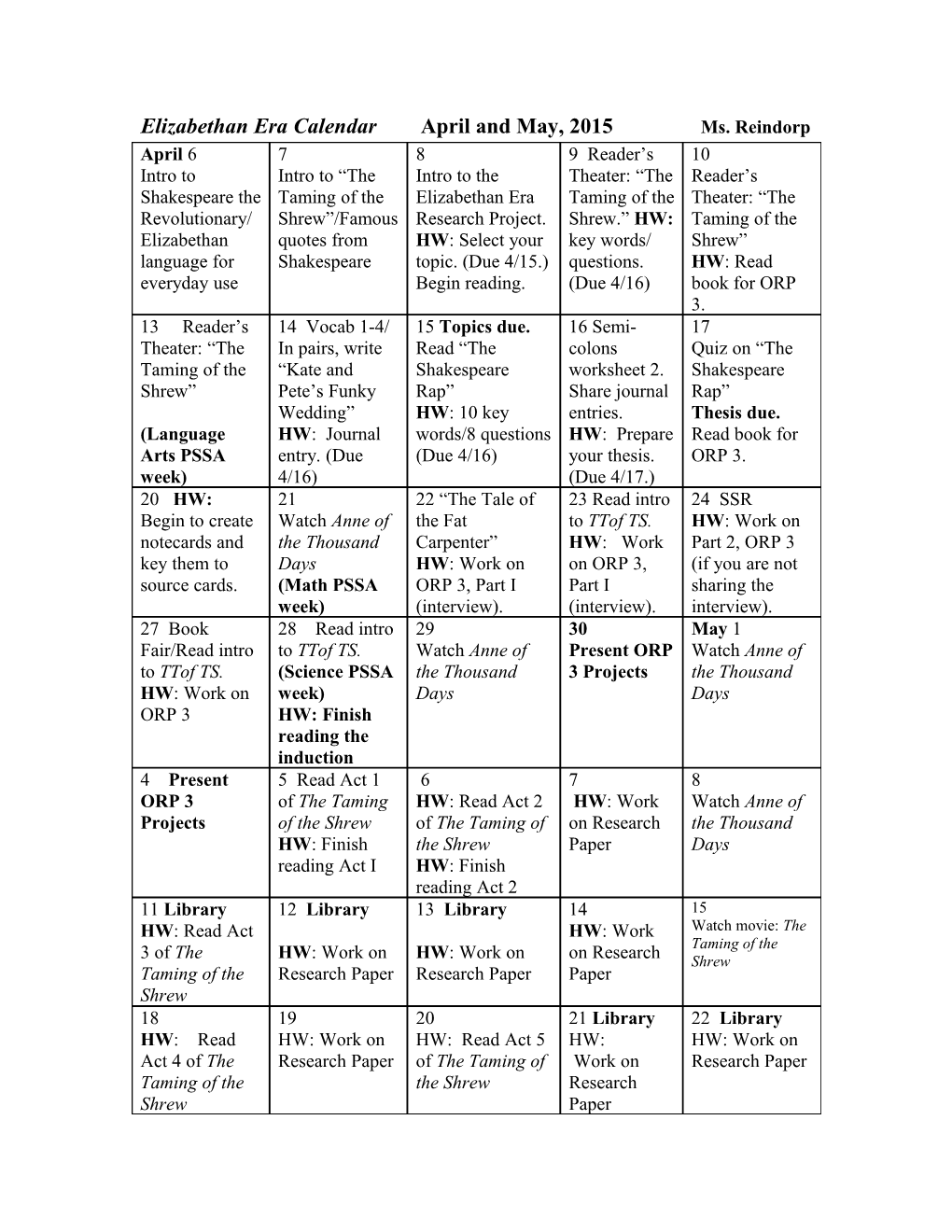 Elizabethan Era Calendar April and May, 2015 Ms. Reindorp Elizabethan Research Paper With