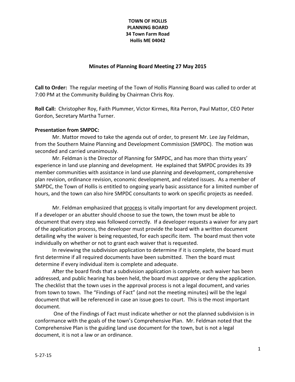 Minutes of Planning Board Meeting 27 May 2015